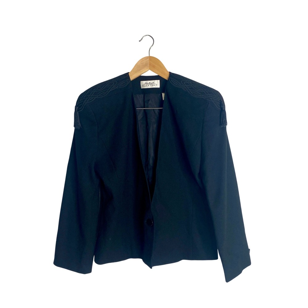 VTG 80s Linda Allard Ellen Tracy Wool Blazer Jacket Tassel Shoulder Military